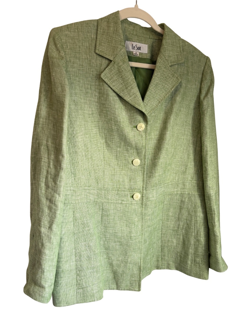 Le Suit Green 100% Linen Blazer Jacket Womens Size 14 Three Button Lined Peplum